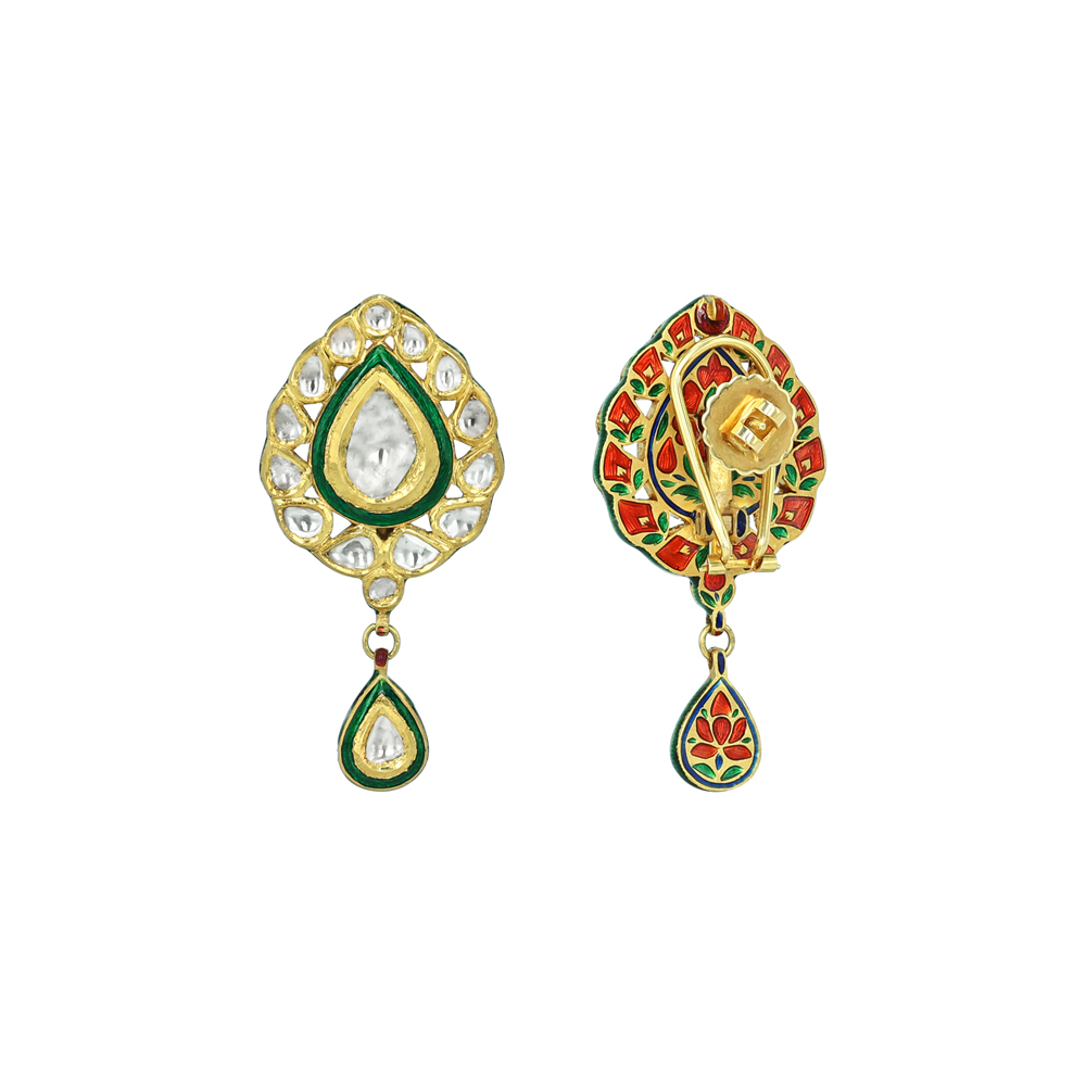 Teardrop Polki Earrings with Green Enamel
